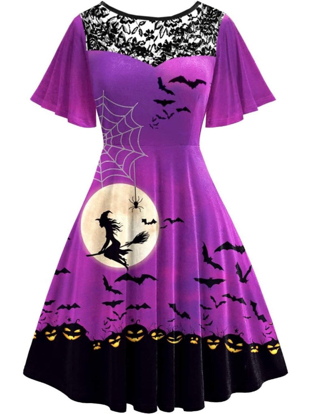 Women's Purple Halloween Dress Lace Flutter Sleeve A-Line Party Dresses